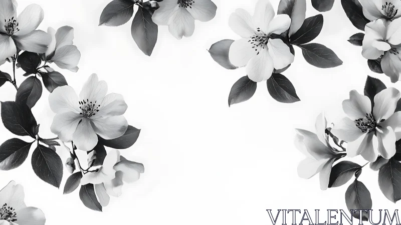Monochrome Florals with Black Leaves Against White Space