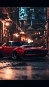 Crimson muscle car prowls neon alleyways after midnight rain