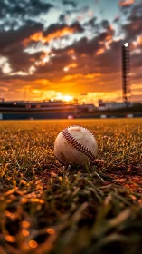 Baseball rests on infield grass under vivid sunset sky