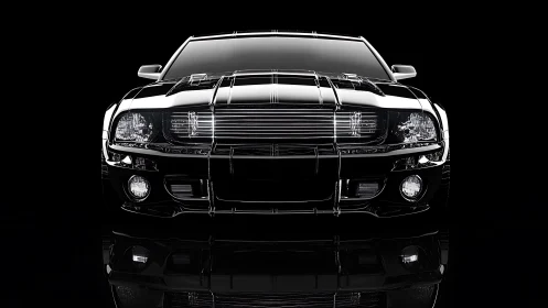 Front view black muscle car rendered with glossy reflections