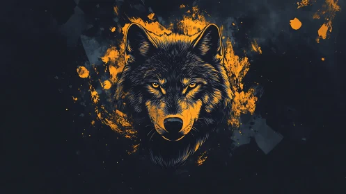High-contrast stylized wolf portrait with orange ink splashes
