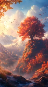 Crimson autumn tree crowns misty mountain valley vista.