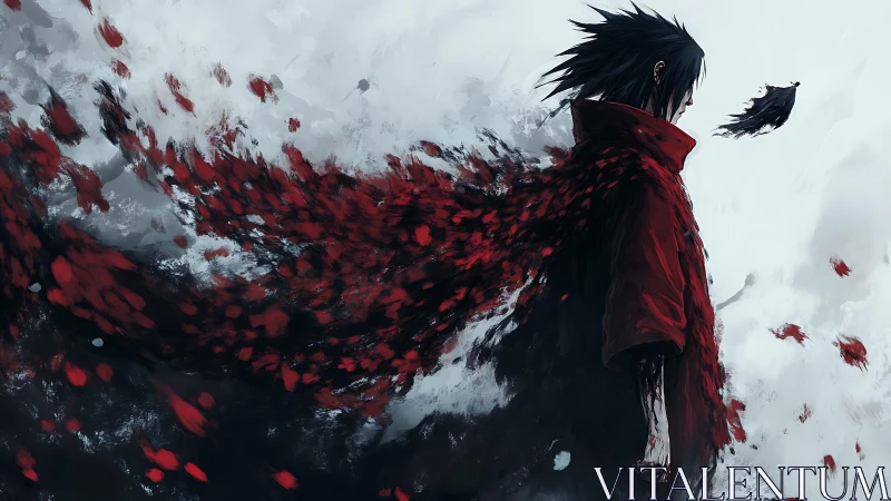 Dark haired figure in red cloak dissolving into red fragments