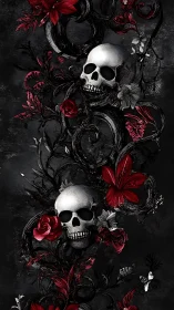 Crimson blossoms curl around twin skulls in velvet shadow