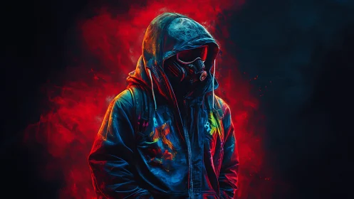 Hooded neon drifter stalks through a burning electric mist