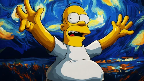 Joyful cartoon dad reaches out under a swirling night sky