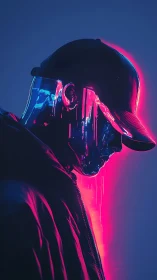 Cybernetic profile in neon pink and blue glow portrait.