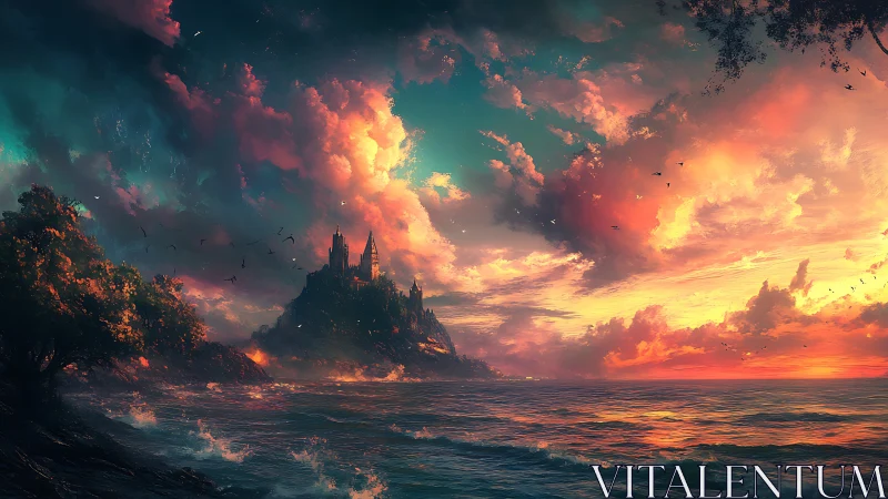 Coastal castle under vivid storm-lit sunset sky.