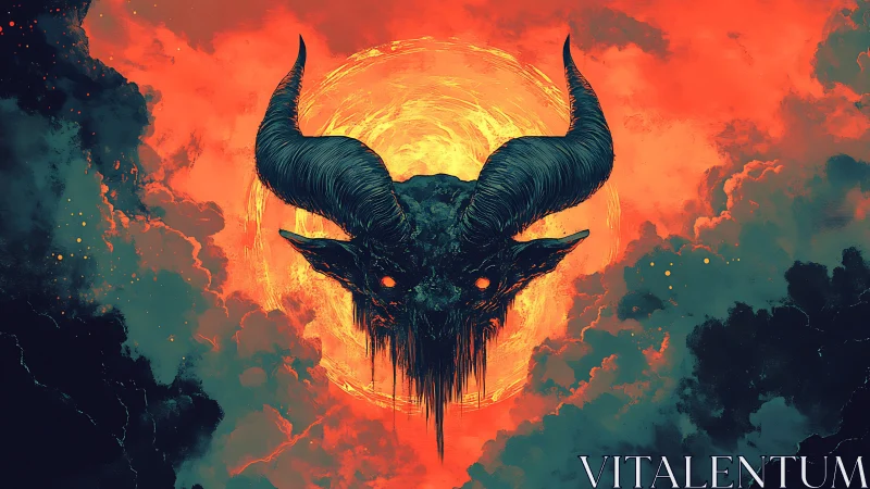 Demonic horned skull emerging before molten solar vortex.