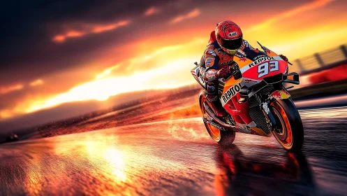 Sunset slicks and a firebright MotoGP rocket in flight.