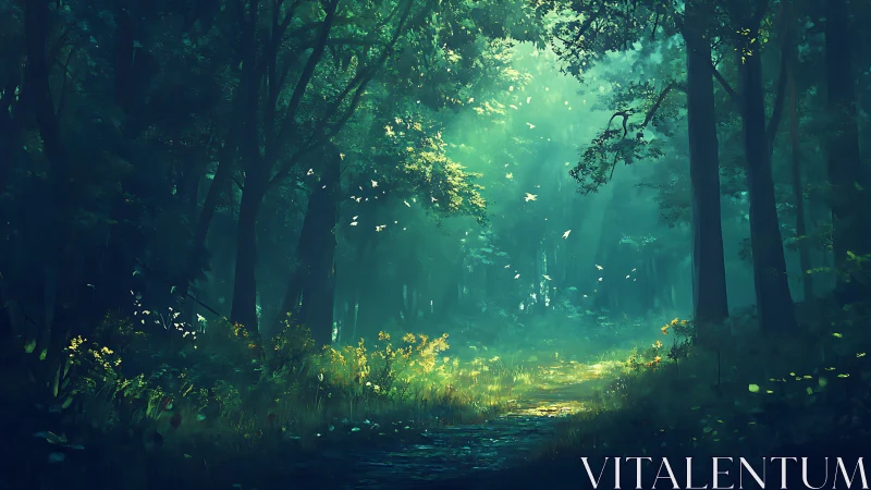 Ethereal Forest Path: Luminous Atmospheric Composition with Directional Lighting