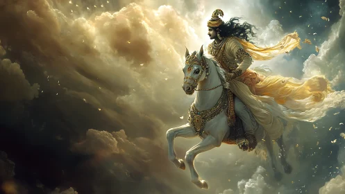 Warrior in ornate armor riding white horse through clouds.