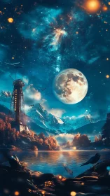 Lunar-lit alpine lake with tower skyline and cosmic aurora.