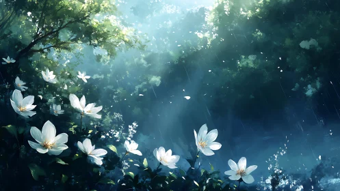 Gentle woodland blossoms soaking in a dreamy blue rain.