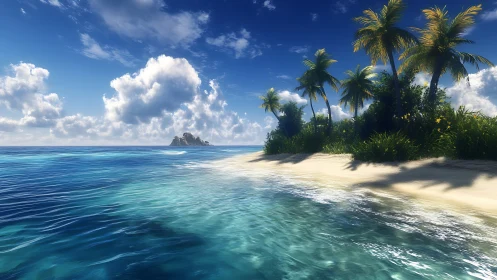 Tropical Shoreline with Palm Fronds, Crystalline Waters, Distant Island