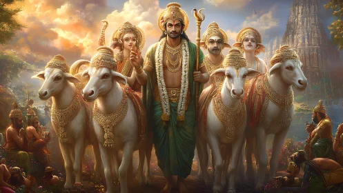 Radiant deity among sacred cows in a golden, tranquil land.