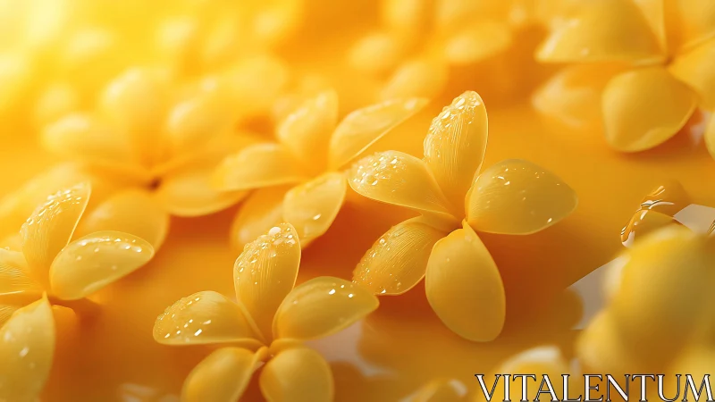 Golden petals macro render with translucent water droplets.