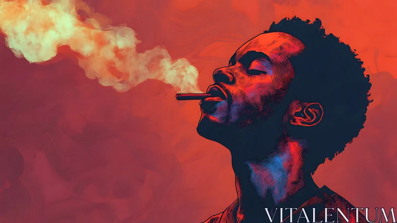 Crimson haze and cool exhale around a neon-lit daydreamer.