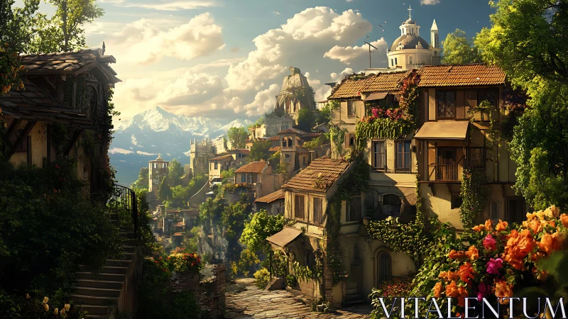 Sunlit terraced village overlooking distant snowy peaks.