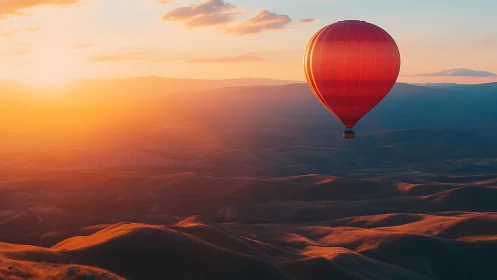Solitary red hot air balloon over sunlit rolling hills.
