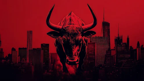 Aggressive stylized bull silhouette dominates red urban skyline