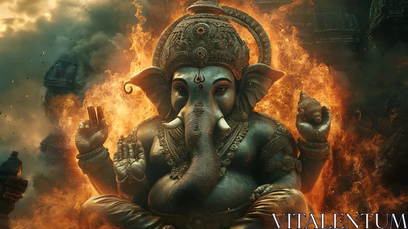Sculptural Ganesha figure emerges from infernal chromatic flames