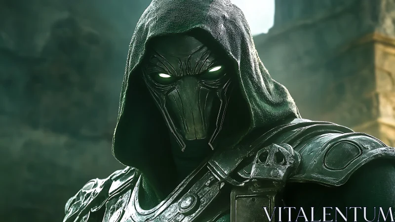 Hooded iron wraith with glowing eyes in ruined citadel.