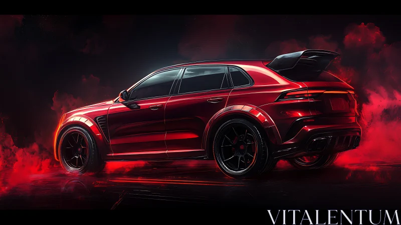 Crimson night street racer SUV glowing in smoky light.