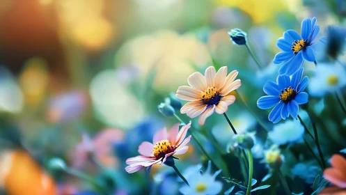 Vibrant Cosmos Flowers Blooming. Golden Sunlight Moment.