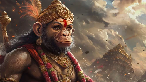 Mythological monkey figure in ornate armor before temple.