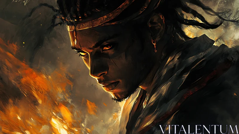 Brooding fire mage glares through embers in smoky dusk light