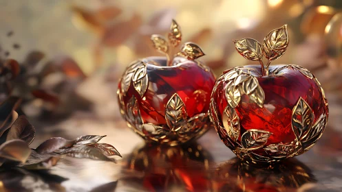Jewelled ruby apples gleam with ornate golden leaves.