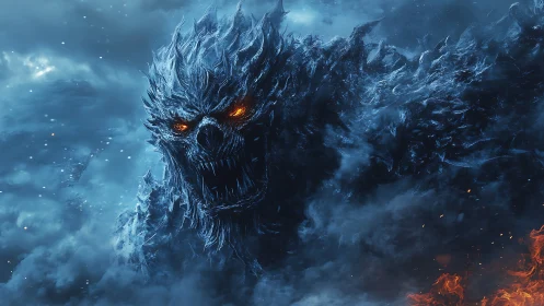 Frozen infernal titan with burning eyes in storm clouds.