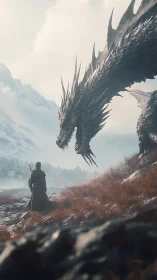 Armored dragon confronts lone warrior in foggy alpine valley