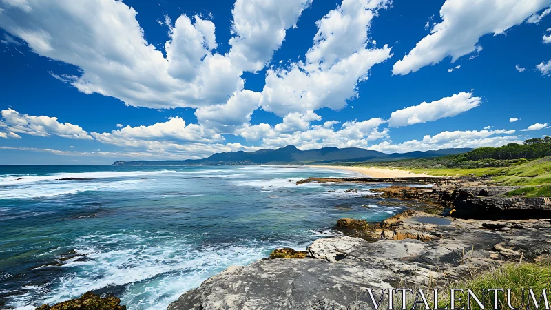 Rocky coastline under sweeping cumulus clouds at noon