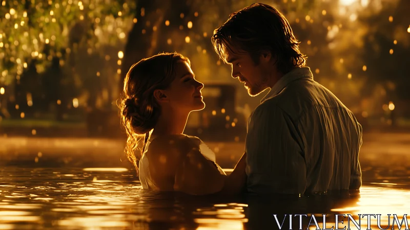 Couple in Golden Water: Romantic Evening with Luminous Particles