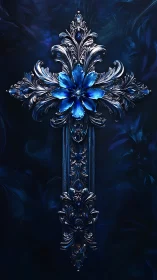 Ornate silver cross holds radiant blue crystal flower