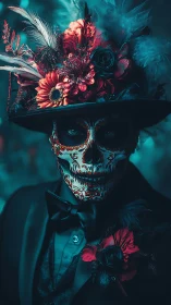 Calavera portrait with ornate floral hat and teal bokeh lighting