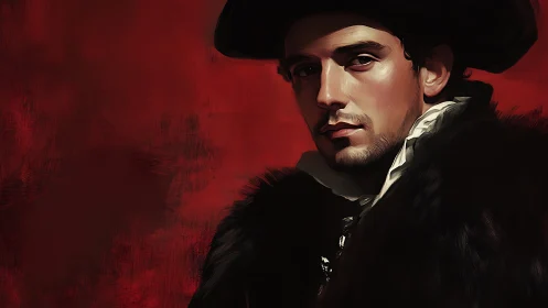 Mysterious gentleman in velvet shadows against crimson dusk.