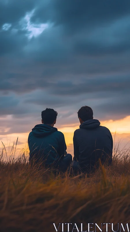Photorealistic dusk portrait of two figures in field silhouettes.