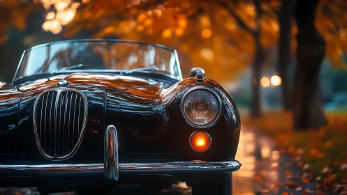 Classic black roadster glows under soft autumn park lights
