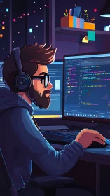 Male programmer at dual monitors in stylized workspace.
