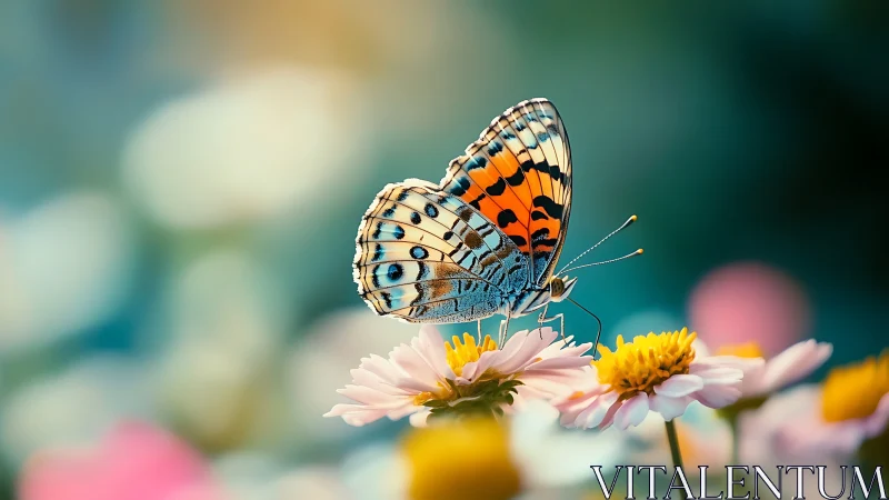 Macro butterfly on daisy rendered with shallow depth of field