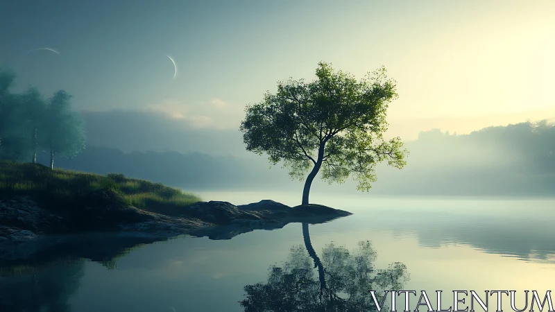 Solitary tree stands on lakeside islet under diffuse dawn light