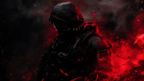 Hooded figure stands in red smoke and dark contrasting light