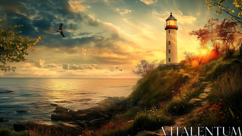 Golden hour lighthouse warms a peaceful rocky sea path