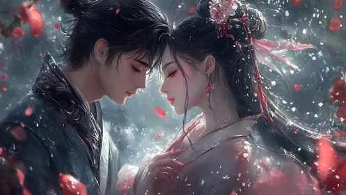 Two Figures in Profile with Particle Effects and Romantic Composition