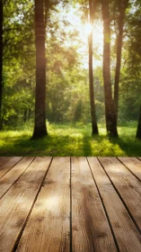 Wooden Deck Platform with Atmospheric Forest Backlighting and Depth Composition
