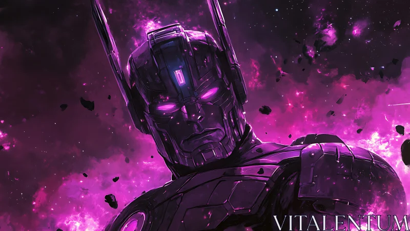 Cosmic armored sentinel with magenta nebula illumination.