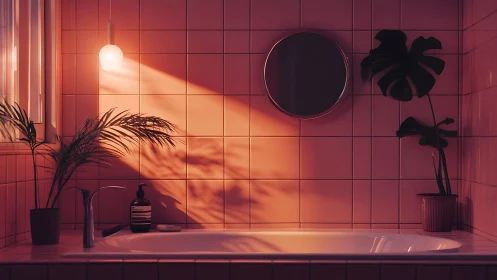 Moody tiled bathroom with plants in warm sunset glow.